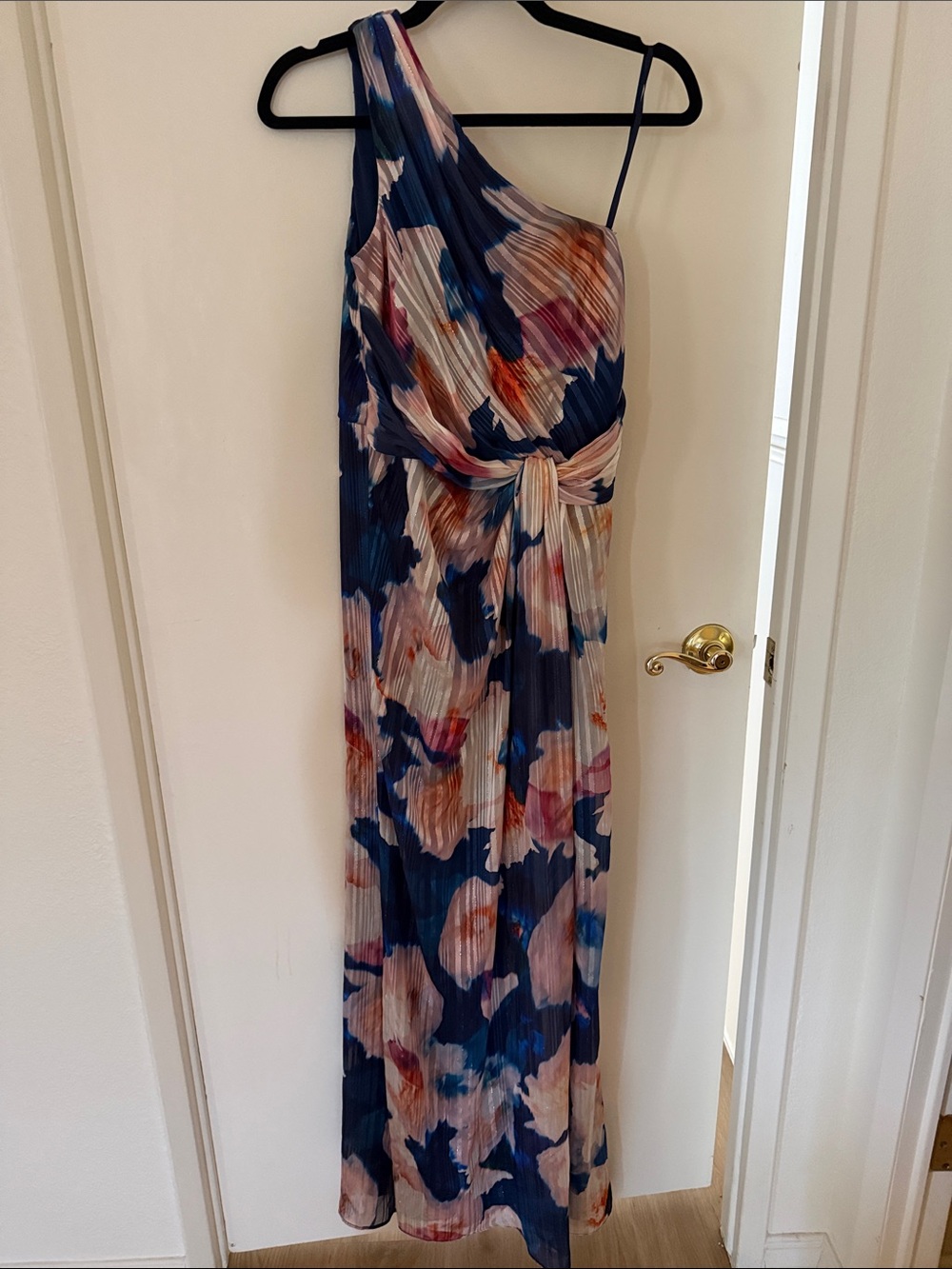 Adrianna Papel One-Shoulder Floral Pleated Maxi Dress - Navy and Blush
